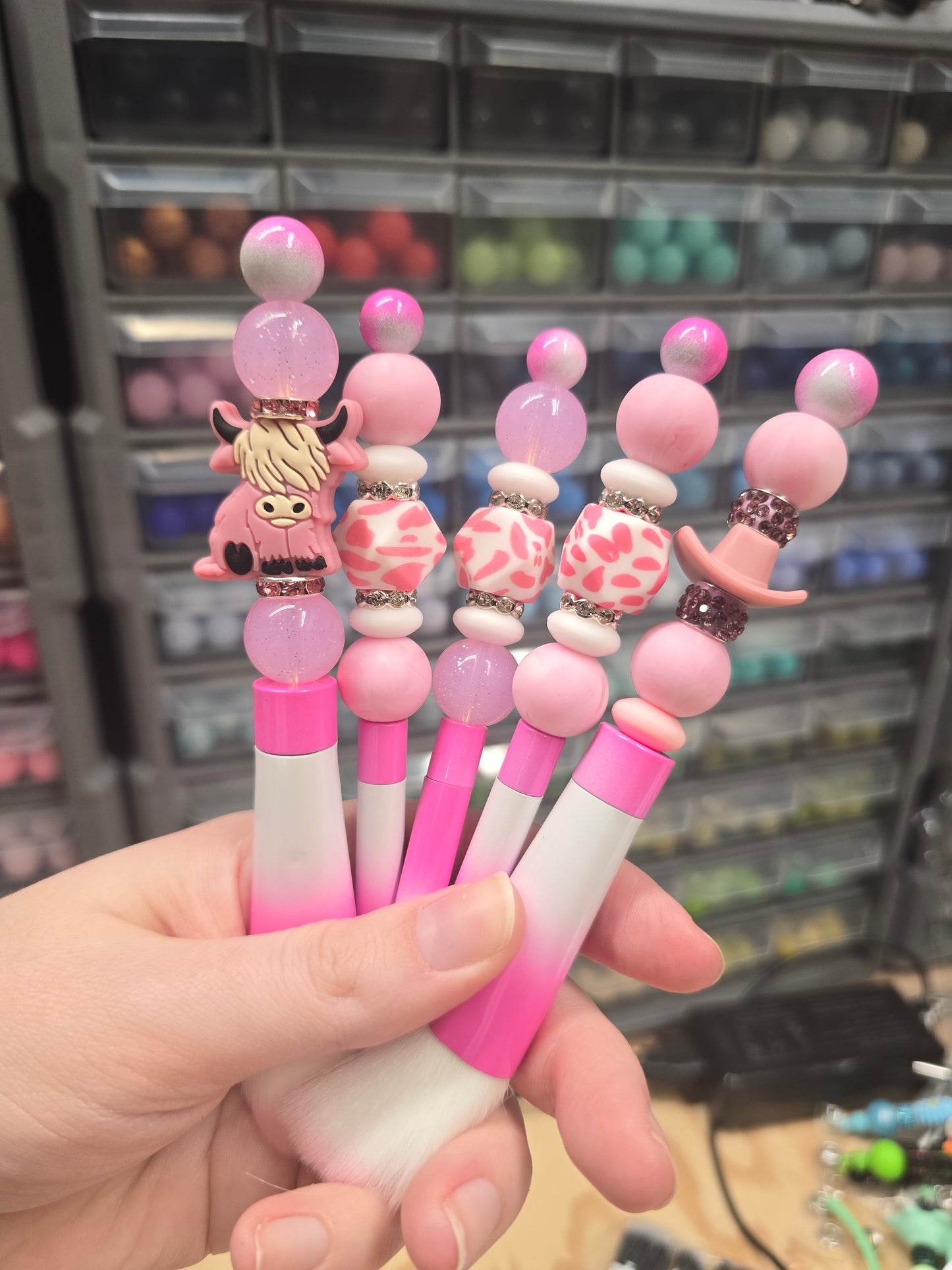 Silicone beaded makeup brushes, cowprint makeup brushes, pink makeup brushes, black makeup brushes, focal bead makeup brushes